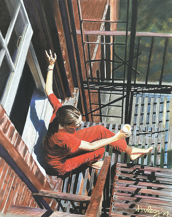 Anna on Fire Escape, Pastel, 16 x 25", © J.M. Hulsey
