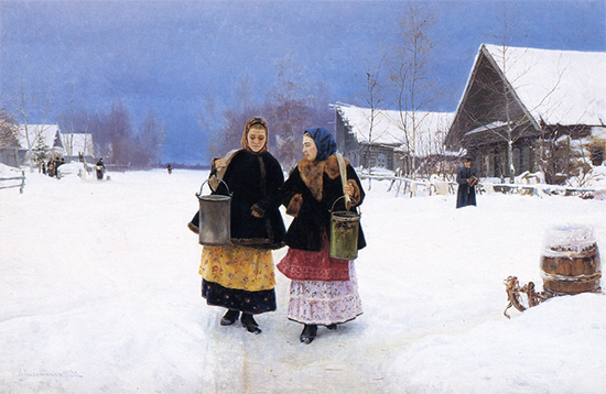 oil painting of Russian children in winter landscape, Rivals, 1890, by Nikolay Kasatkin