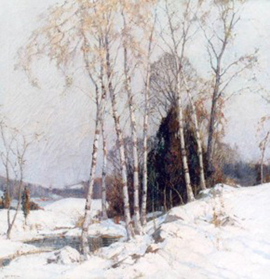 oil painting of birch trees in winter, by Frederick Mulhaupt