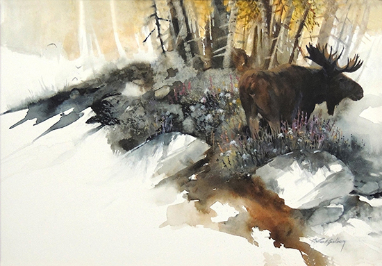 Watercolor of Moose and Trees, by Mort Solberg