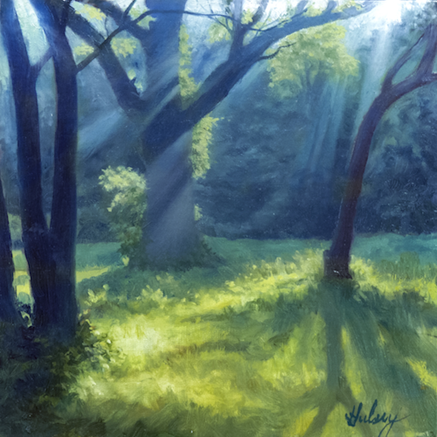 Oil painting of misty meadow and trees