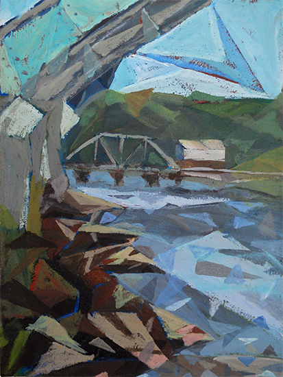 Abstract Acrylic Painting of Bridge, Rocks at the Foot, © Bob Bahr 12x9