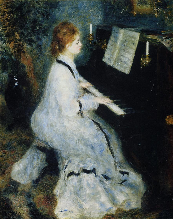 oil painting of a woman at a piano by Renoir