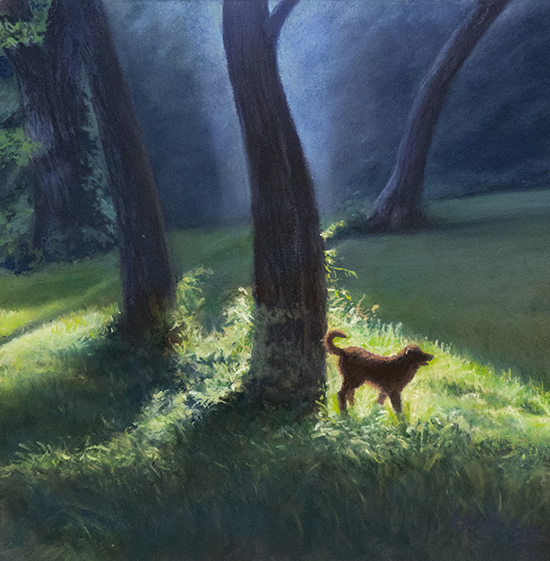 casein and pastel painting of sunlit meadow with dog