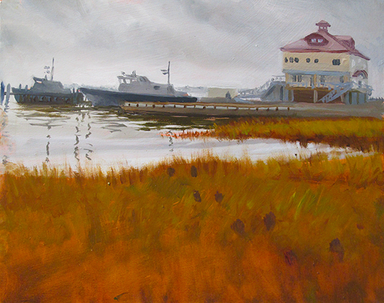 Plein air oil painting, Pilot Boats in Fog, by John Hulsey