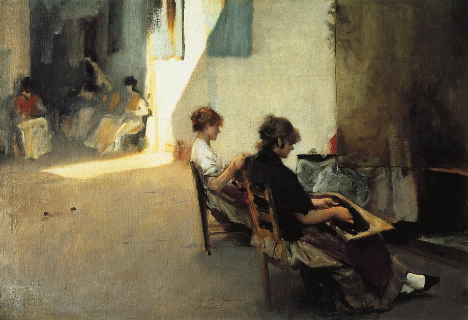 oil painting of Venetian women stringing beads, 1880, by John Sargent