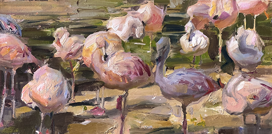 Flamingos, 8 x 16", Oil, © Derek Penix