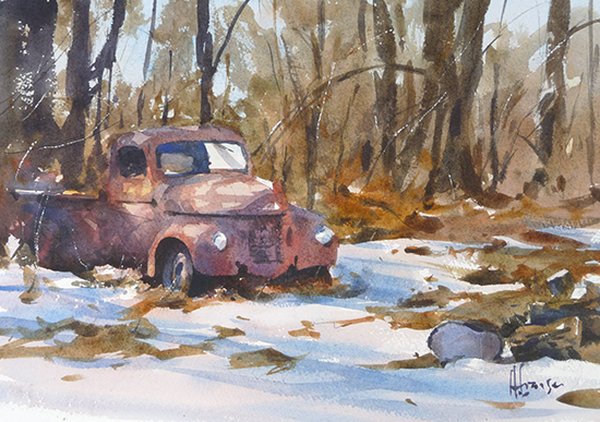 Watercolor of old truck in snow, by Andy Evansen