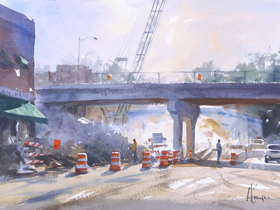 watercolor painting of bridge construction  in bright light.