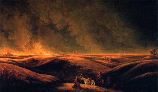 painting of prairie fire by Paul Kane 1849