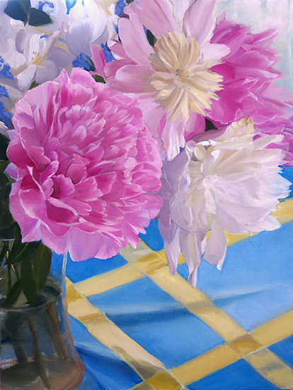 oil painting of peonies in a vase, by Ann Trusty