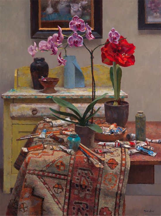 oil painting of flowers in the artist's studio, by Jim McVicker.