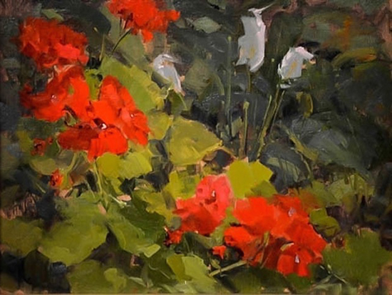 Geraniums with Peace Lily © Kaye Franklin
