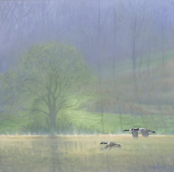 Oil painting of geese on a pond by John Hulsey
