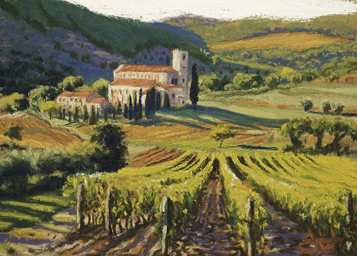 pastel painting of Sant'Antimo Abbey, Tuscany, Italy, by John Hulsey