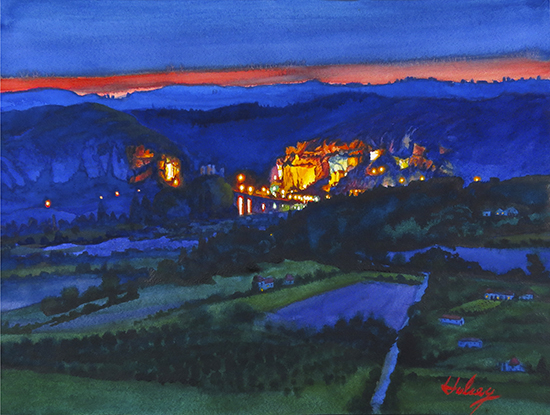 watercolor Nocturne of a village in France by John Hulsey