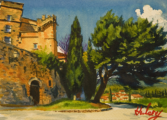 watercolor of chateau at Lourmarin, France. © J. Hulsey