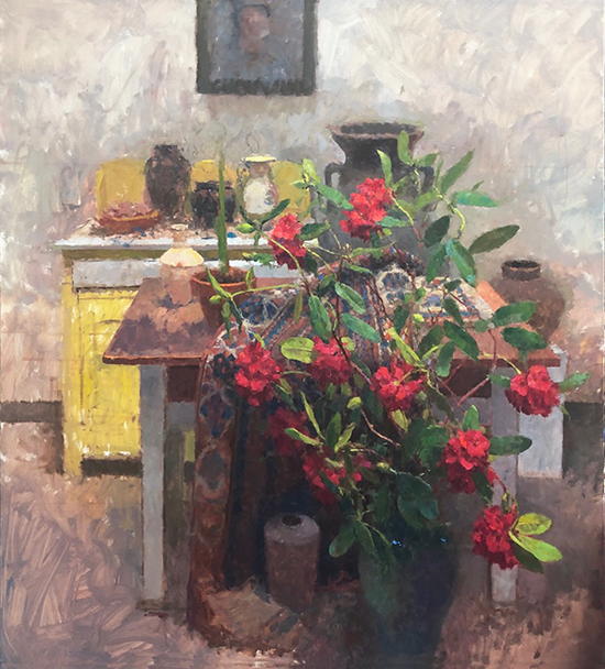 Developing, Red Rhododendrons, 60 x 54", Oil, © Jim McVicker