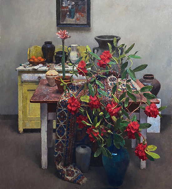 Near Completion, Red Rhododendrons, 60 x 54", Oil, © Jim McVicker