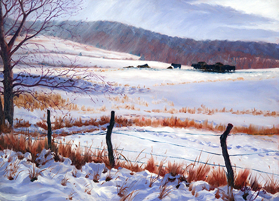 oil painting of cows in snow by John Hulsey