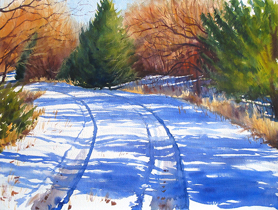 Cedar Snow Shadows, 12 x 16". Watercolor, © John Hulsey