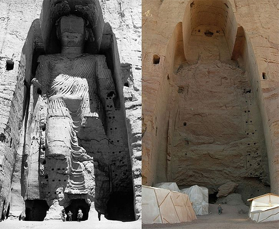 Taller Buddha of Bamiyan Before and After Destruction (Wikipedia)