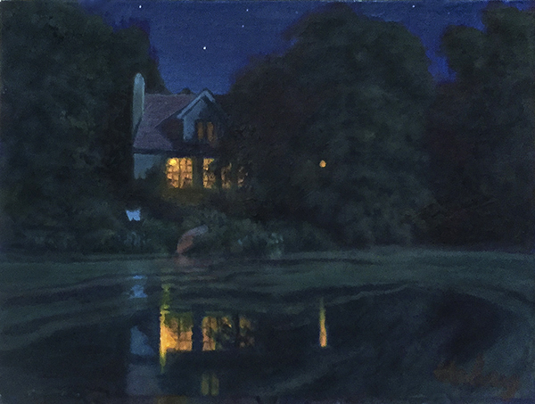 The Conversation, nocturne oil paintingof cottage on a pond, by John Hulsey