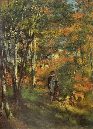 The Painter Jules Le Coeur and his dogs in the forest of Fontainebleau, 1866, Pierre Auguste Renoir