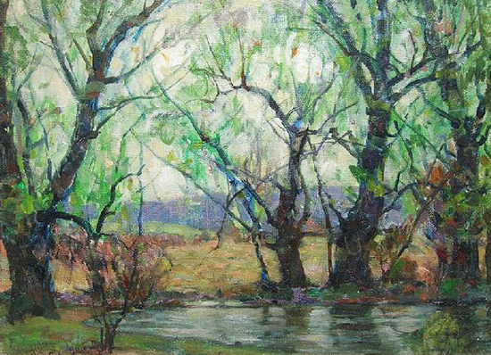 oil painting of a trout stream and trees by John Carlson