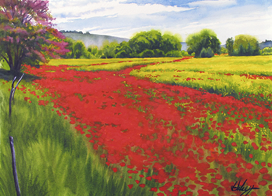watercolor painting of poppy fields © by John Hulsey
