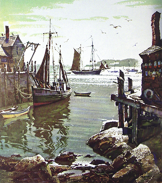 watercolor painting of harbor, wharf and boats, by Ted Kautzky.