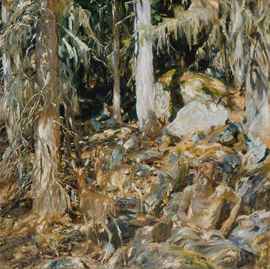 Oil painting of a hermit in olive groves, by sargent