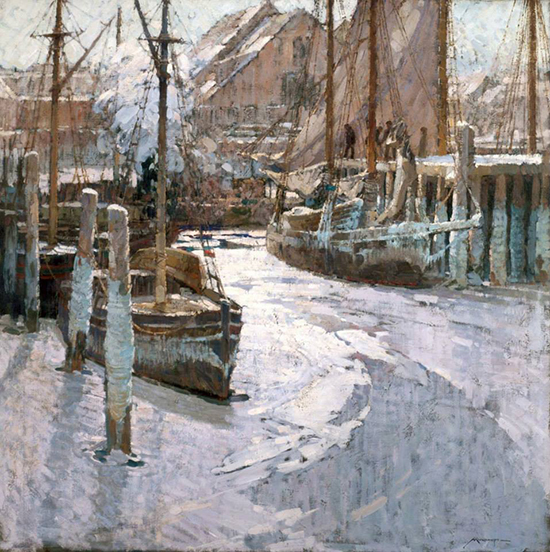 oil painting of boats in harbor, by Frederick Mulhaupt