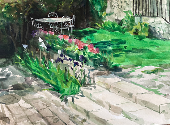 My Courtyard in Giverny, 10 x 14", Watercolor, 2023, © Eric Santoli