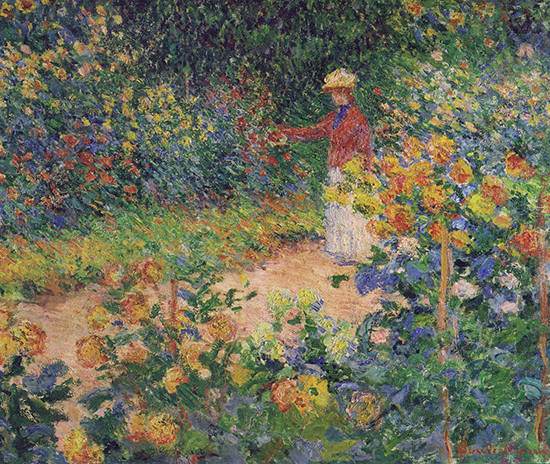 oil painting of woman in garden by Claude Monet