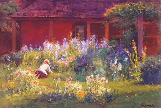 oil painting of woman in garden by T C Steele