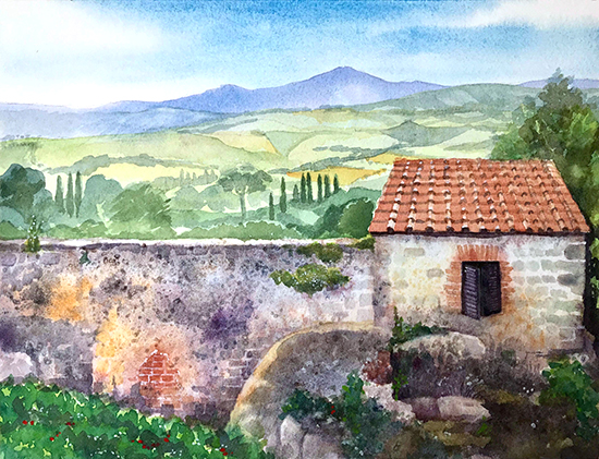 A gouche painting of a tuscany farmhouse in the evening on Craiyon