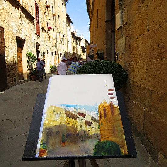 Photo of watercolor demonstration in Pienza, Italy. © A. Hulsey