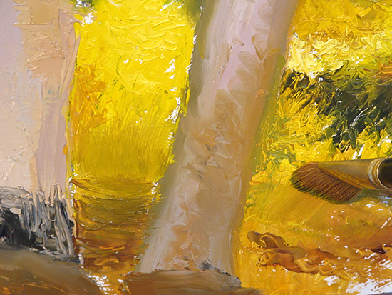 painting with palette knives in oil on panel, detail.