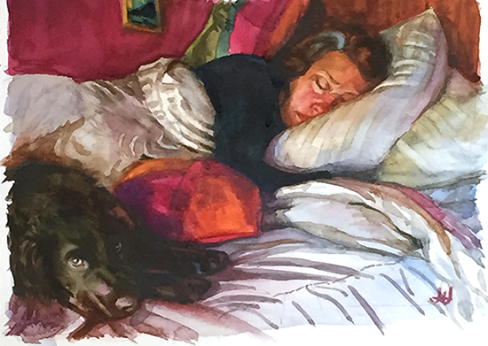 watercolor study of woman and dog on bed, ©John Hulsey