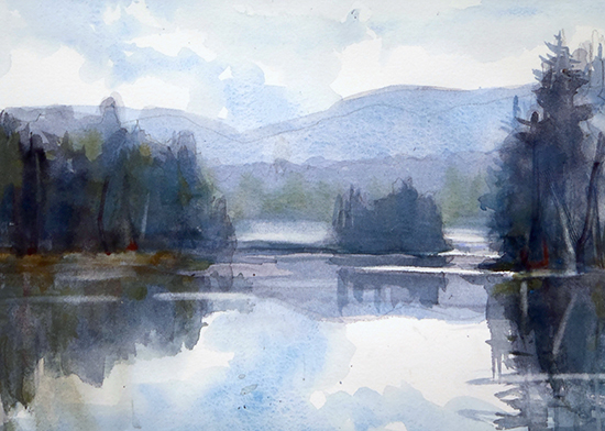 watercolor of an Adirondack lake by Sarah Yeoman
