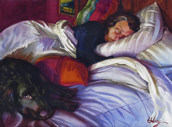 watercolor painting of woman sleeping with dog