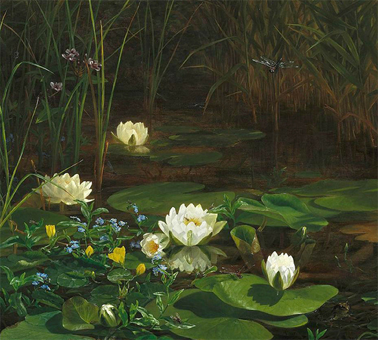 Forest Lake with Blooming Water Lilies and Insects, Anthonore Christensen