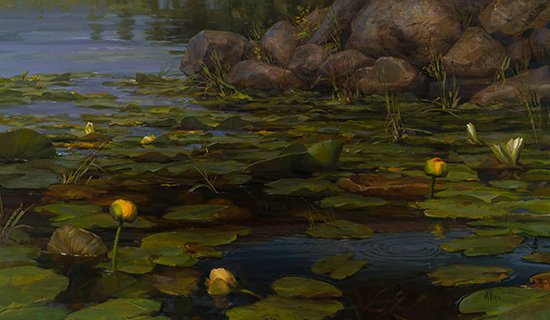 The Enchanted Lake - Lilies under the Footbridge, 28 x 48" Oil, © Mary Pettis