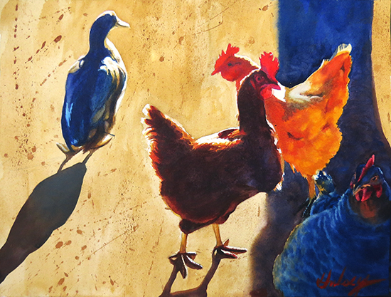 watercolor painting of chickens by John Hulsey