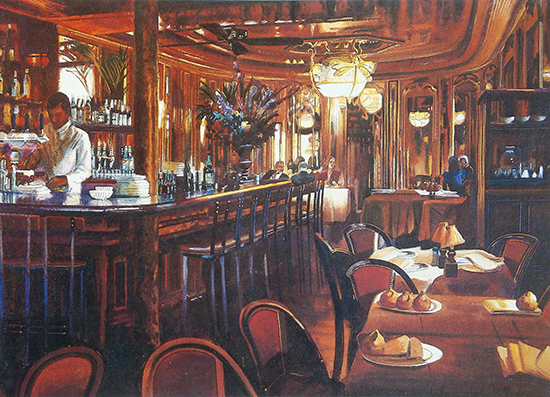 Watercolor of interior of a bar, by Rusty Walker